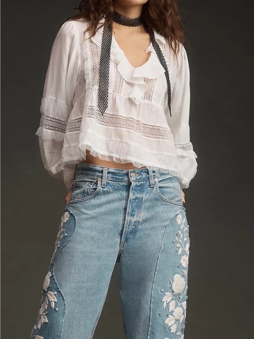 NWT Anthropologie  Sz M Ruffled V-Neck Popover Blouse White Floral Lace Peasant